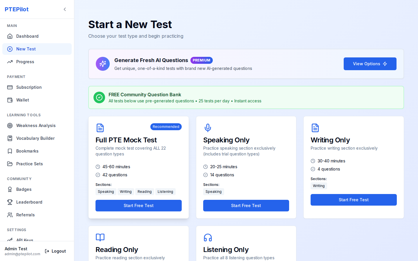 PTEPilot test creation — choose test type and AI provider