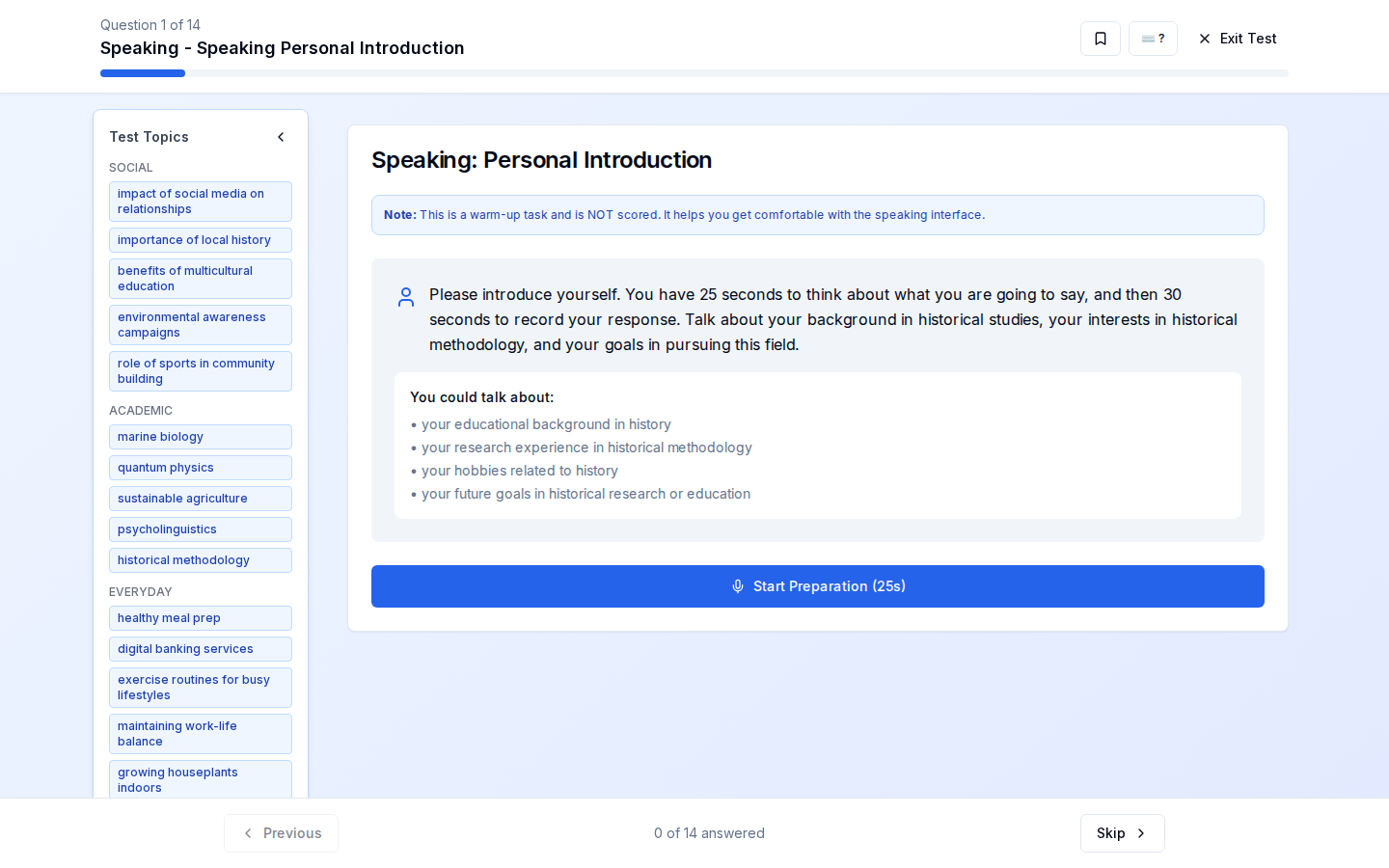PTEPilot speaking practice — AI-generated questions with timer